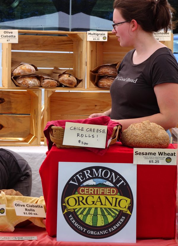 Artisan bread display with Vermont Organic certification